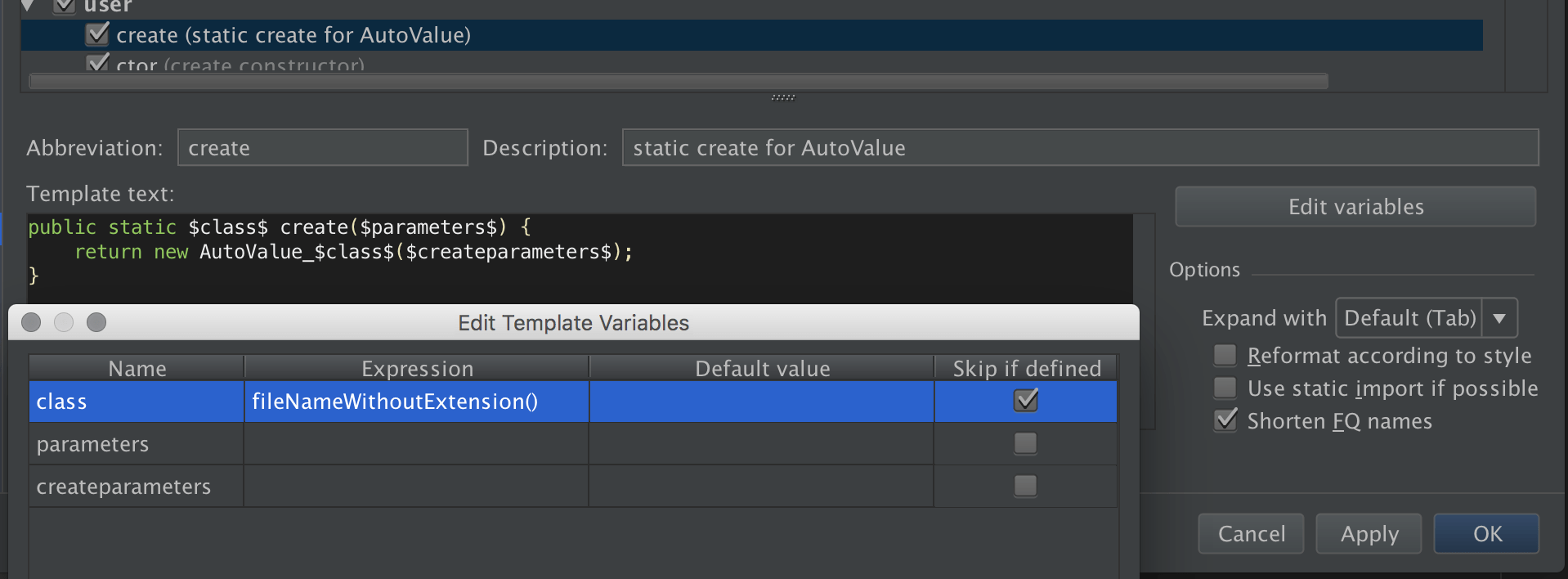 Live template to create object